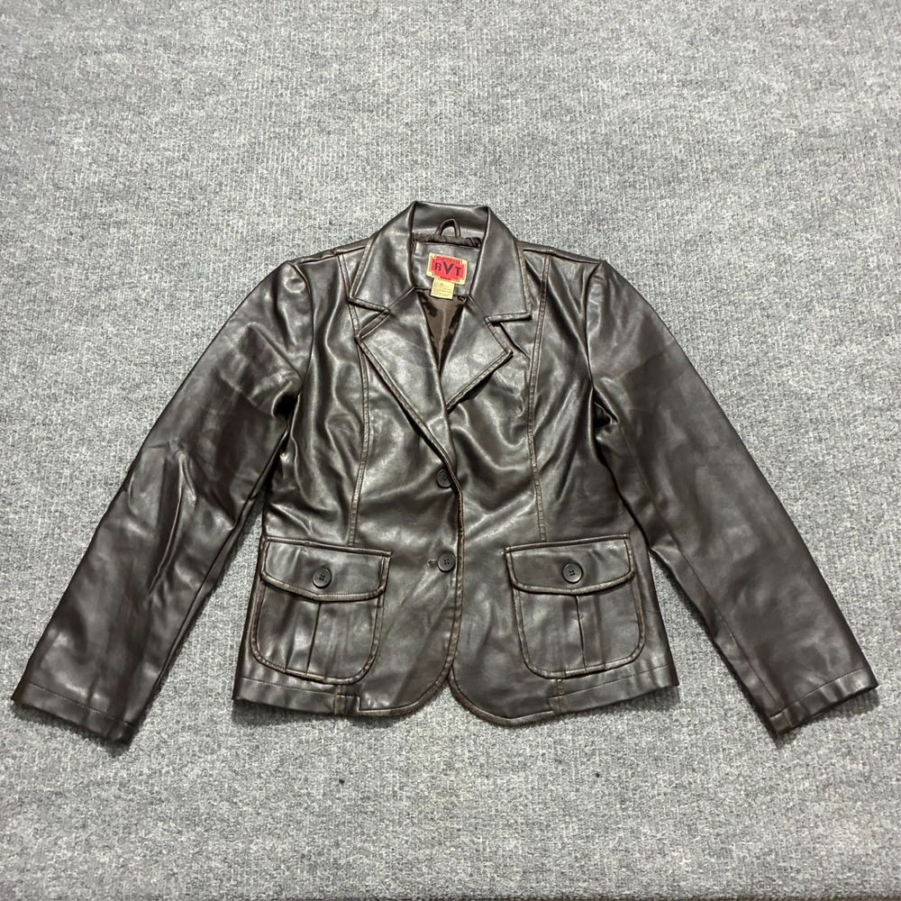 RVT Womens Bomber Jacket Size Medium Brown Faux Leather Button Up Pockets